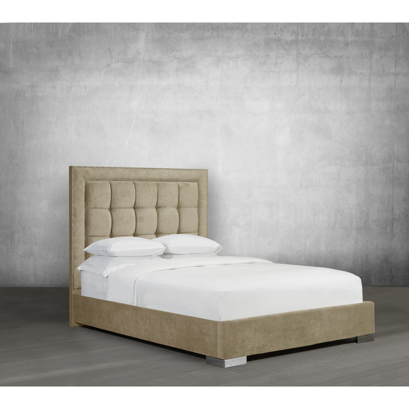 Lit plateforme tapissier touffeté, Beige, Grand