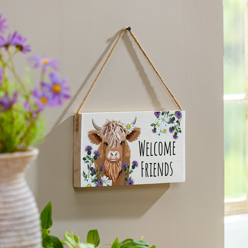 Décoration de jardin pétale et charrue, enseigne suspendue, vache Highland Welcome Friends, L 11 po x H 6 po