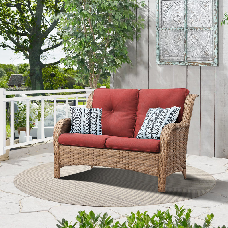 Schutt 50" Wide Outdoor Wicker Loveseat With Cushions, Red, Yellow