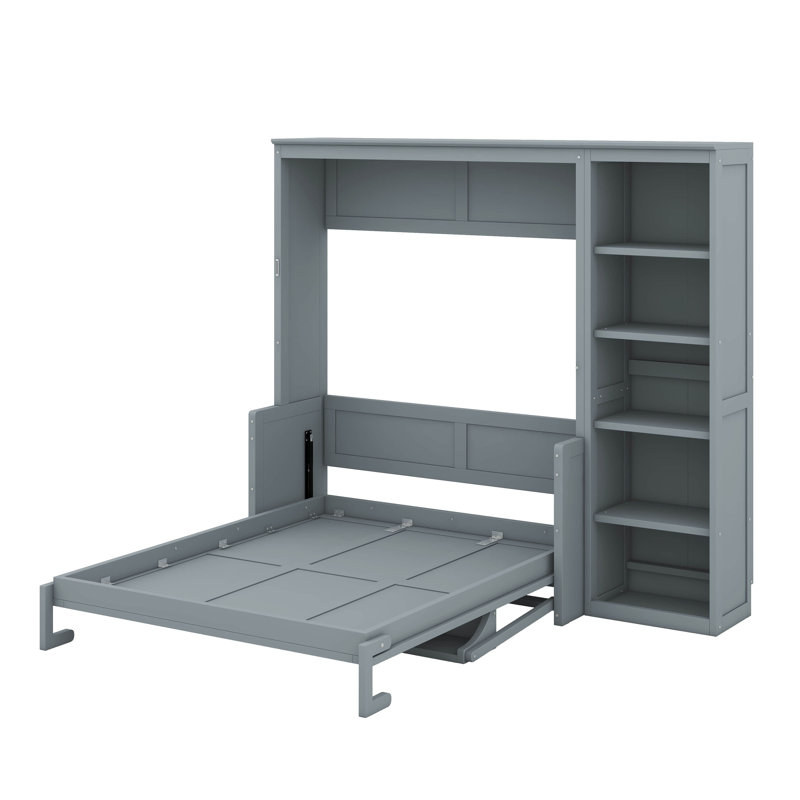 Lit escamotable double avec bureau et bibliothèque, lit escamotable au design compact et peu encombrant, Gris, Double