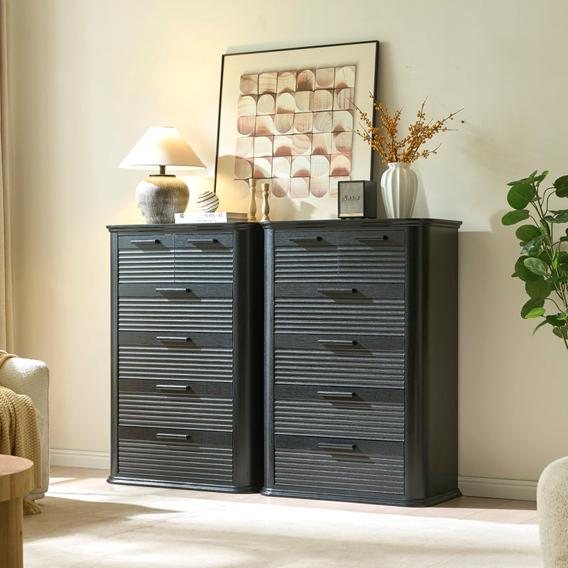 Commode 6 tiroirs, commode haute 45 po à profil courbé, commode cannelée en bois, Grain de bois noir