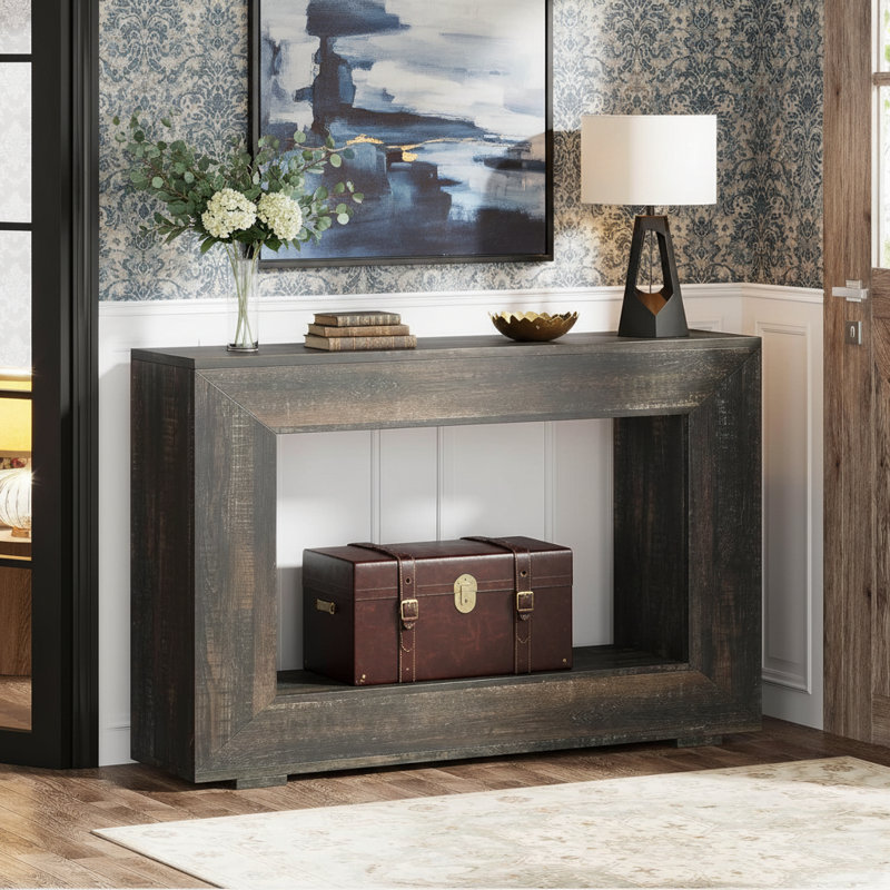 Farmhouse Console Table, 47" Rustic Wood Entryway Sofa Table with Storage, Dark Gray