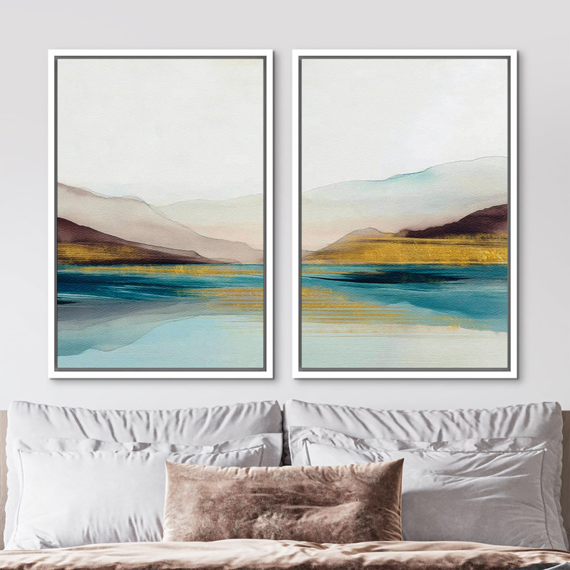 «Mid-Century Modern Brown Abstract Polygon», 2 pièces sur toile, H 36 po x l 24 po, Cadre blanc