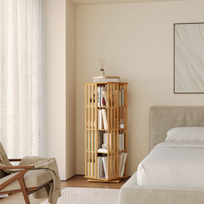 Rotating Bookcase Tower, 4 Tier Bamboo Corner Bookshelf With Display Organizer & Floor Storage Rack, 360°Swivel Narrow Space-Saving Design