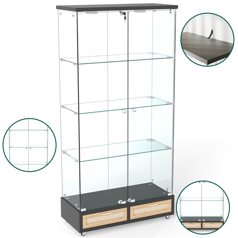 Modern Glass Display Cabinet With 4 Tempered Glass Bookshelf,natural, Black