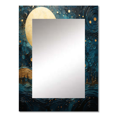 Moon Blue And Gold Cerulean Cycle Dreams V - Moon Unique Mirror, Blue Large Wall Mirror, Printed Metal Art