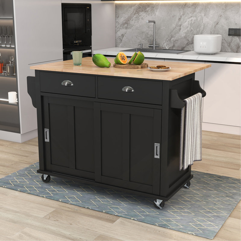 Versatile Kitchen Cart With Rubber Wood And Drop-Leaf Countertop For Efficient Cooking, Black