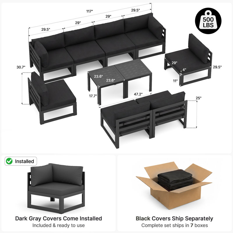 Ensemble de conversation modulaire d'extérieur en aluminium pour 8 personnes avec coussins et table basse Gillean, Noir, Gris