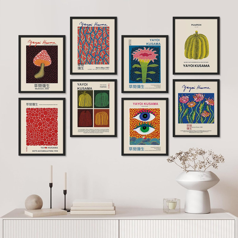 " Mushroom Abstract Botanical Blue Red Dots Japanese Pumpkin By Yayoi Kusama " 8 - Pieces, Black, 16" H x 12" W x 1" D