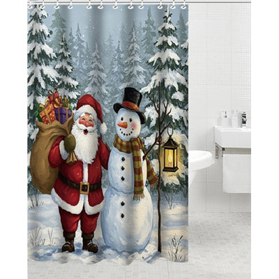 Rideau de douche en polyester + crochets en métal - Bonhomme de neige