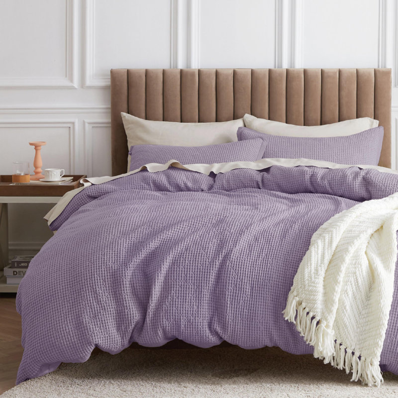 Essential Collection 100% Cotton Waffle Weave Duvet Cover Set, Grayish Purple, King Duvet Cover + 2 King Shams
