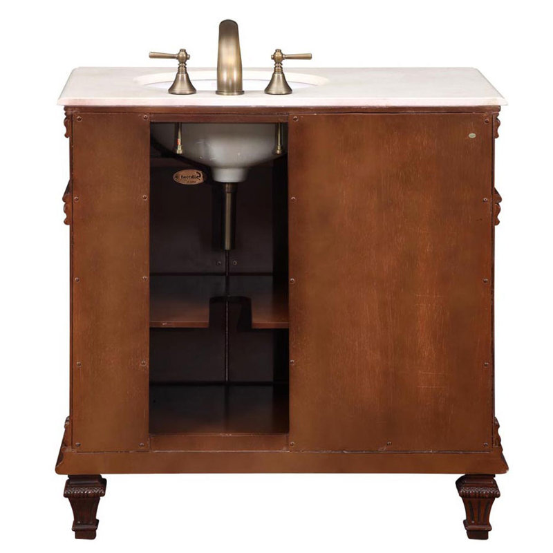 Albieris 36'' Single Bathroom Vanity with Top, Sink on the Right, Cream Marfil Marble Stone