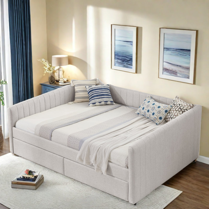 Upholstered Daybed with Two Drawers Rainbolt, Beige
