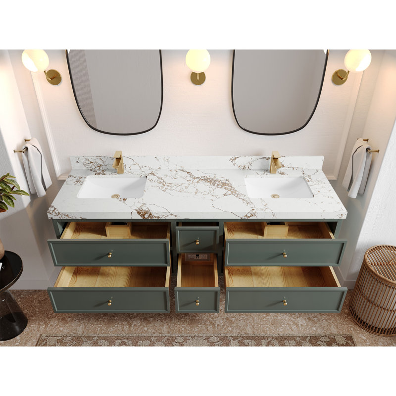 Meuble-lavabo à double cuve flottante l 72 po x P 22 po Roswell, Doré Viola