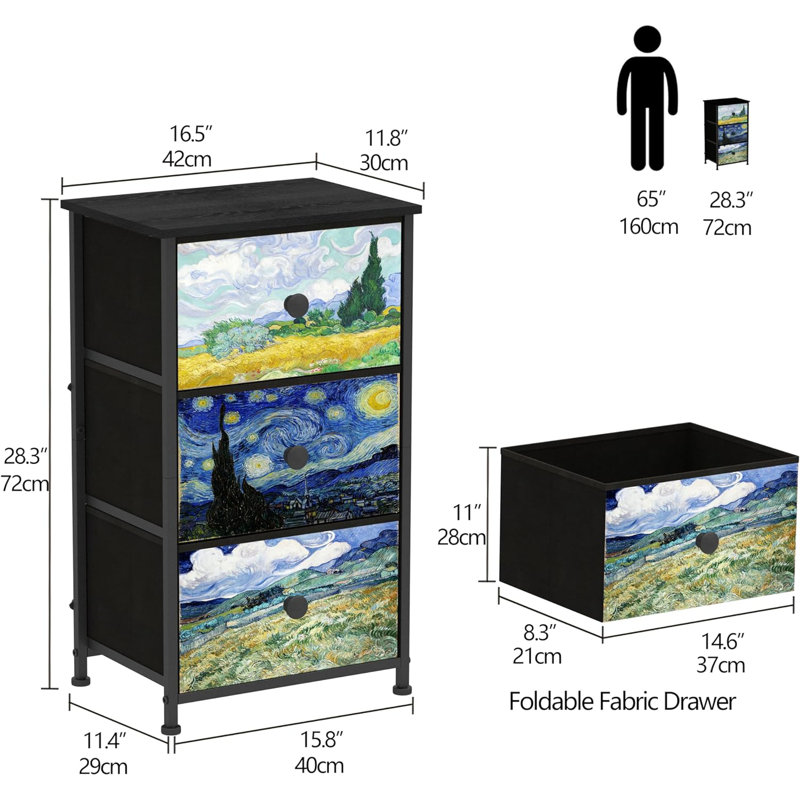Van Gogh Pattern Black 3-Drawer Dresser with Steel Frame