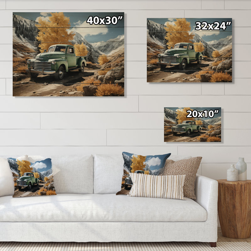 Camionnette verte, paysage, aventuriers sur bois, H 24 po x l 32 po x P 0,78 po