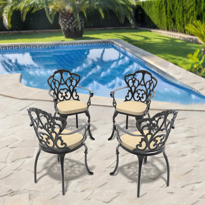 Cast Aluminum Patio Dining Chair 4PCS With Black Frame And Beige Cushions