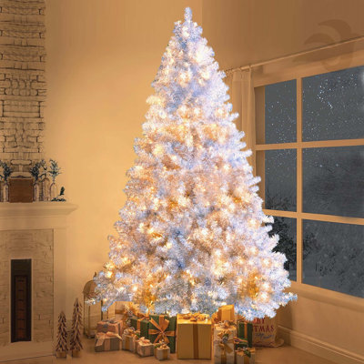 Arbre de Noël artificiel articulé 7,4 pi avec base en métal, 1200 branches, 400 lumières DEL (11 modes d'éclairage), pour un décor de Noël intérieur / extérieur
