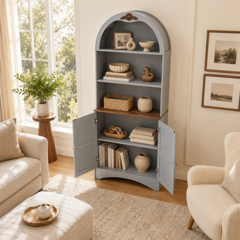 Conception campagnarde arquée avec applique décorative et bibliothèque de rangement réglable avec tablette ouverte et armoire pour le salon et la salle à manger