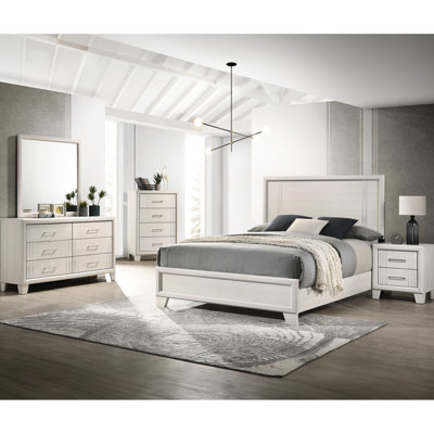 Queen Size Contemporary Panel Bed, Single Wood Bed With Prominent Headboard, Off - White/beige Hue 1pc Veneer Solids, Color, Bedroom Use