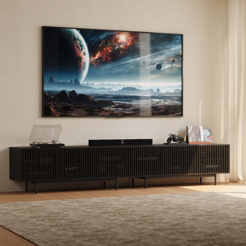 Meuble télé Aeolus Mid-Century moderne, pré-assemblé, H 21,26 po x L 118,11 po x l 18,89 po, Noir
