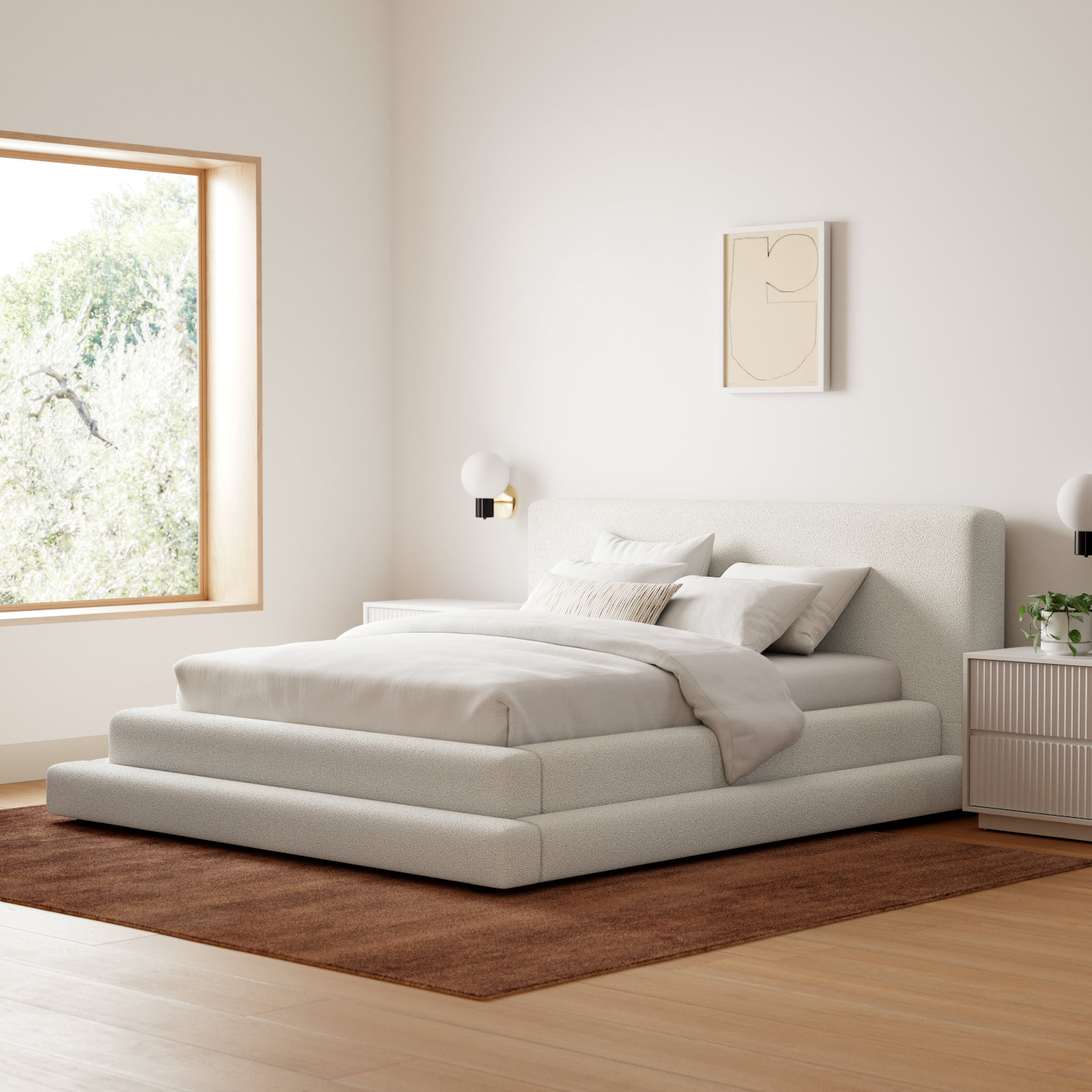 Hoffarth Upholstered Bed, Queen, Cream Faux Shearling Teddy Fabric