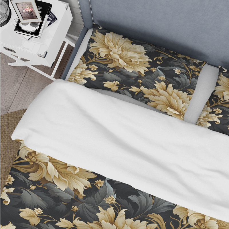 Luxueuses fleurs noires et beiges damassées - ensemble de housse de couette damassé - microfibre de polyester