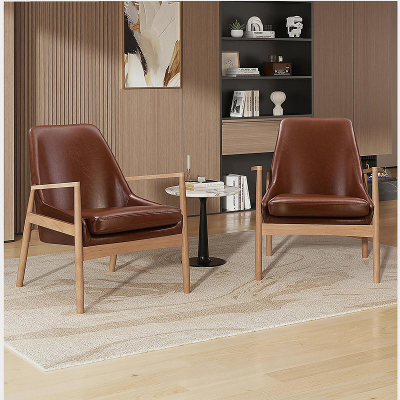 Ensemble de chaises en similicuir 2 pièces, fauteuil de style Mid-Century moderne, structure en bois massif, chaise de lecture et de loisirs, haut dossier, convient au salon