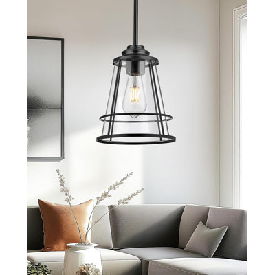 Industrial Pendant Light With Clear Glass Shade And Wrought Metal Cage - Adjustable Height Hanging Fixture For Kitchen Island, Dining Room, Bedroom, Hallway Or Foyer
