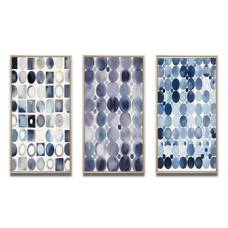«Universal Grid Circular Watercolor Retro Blue II», 3 pièces sur toile, Cadre naturel flottant, H 20 po x l 36 po