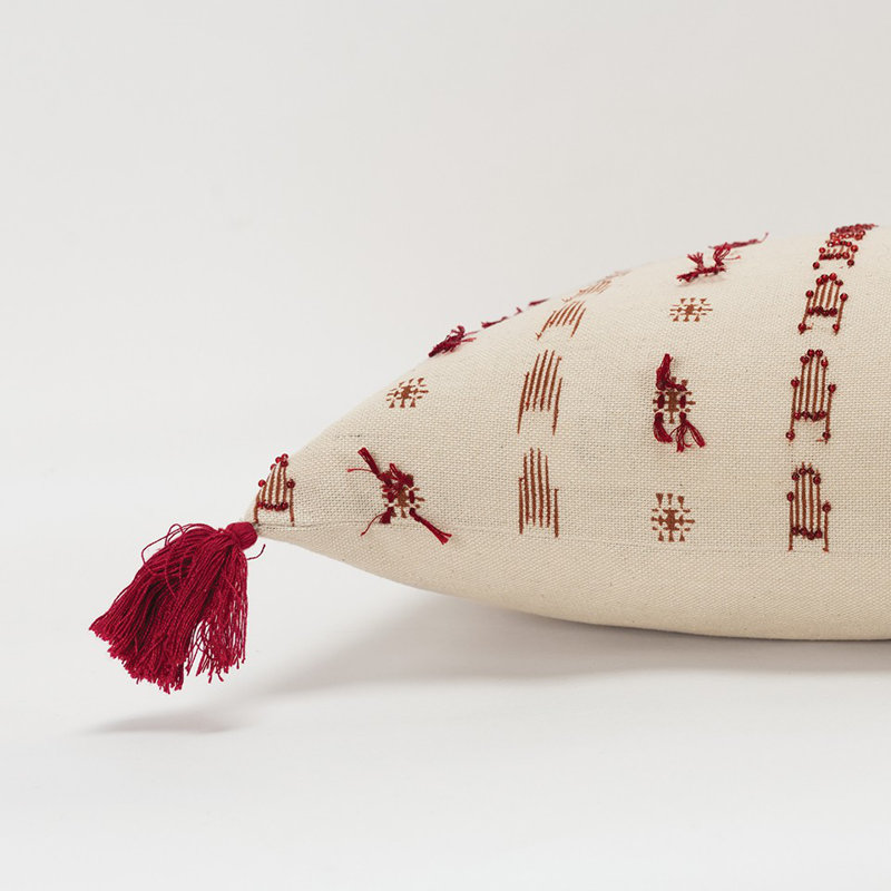 Magenta Beige Tribal Inspired Tasseled Lumbar Pillow, Rouge / Beige