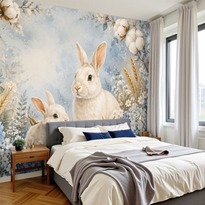 Papier peint adhésif auto-adhésif pelez et collez, Joyeuses Pâques, jardin floral, lapin, jardin, lapins, cour, fleurs, Pâques, murales, décoration murale H 100 po x l 144 po