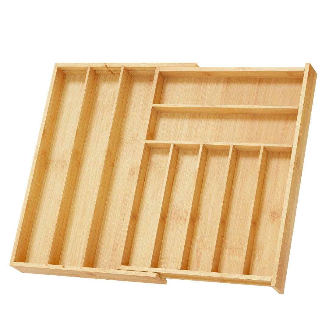 Bamboo Expandable Silverware Drawer Organizer, 10-Slot Kitchen Flatware and Cutlery Tray with Labels Tooloton