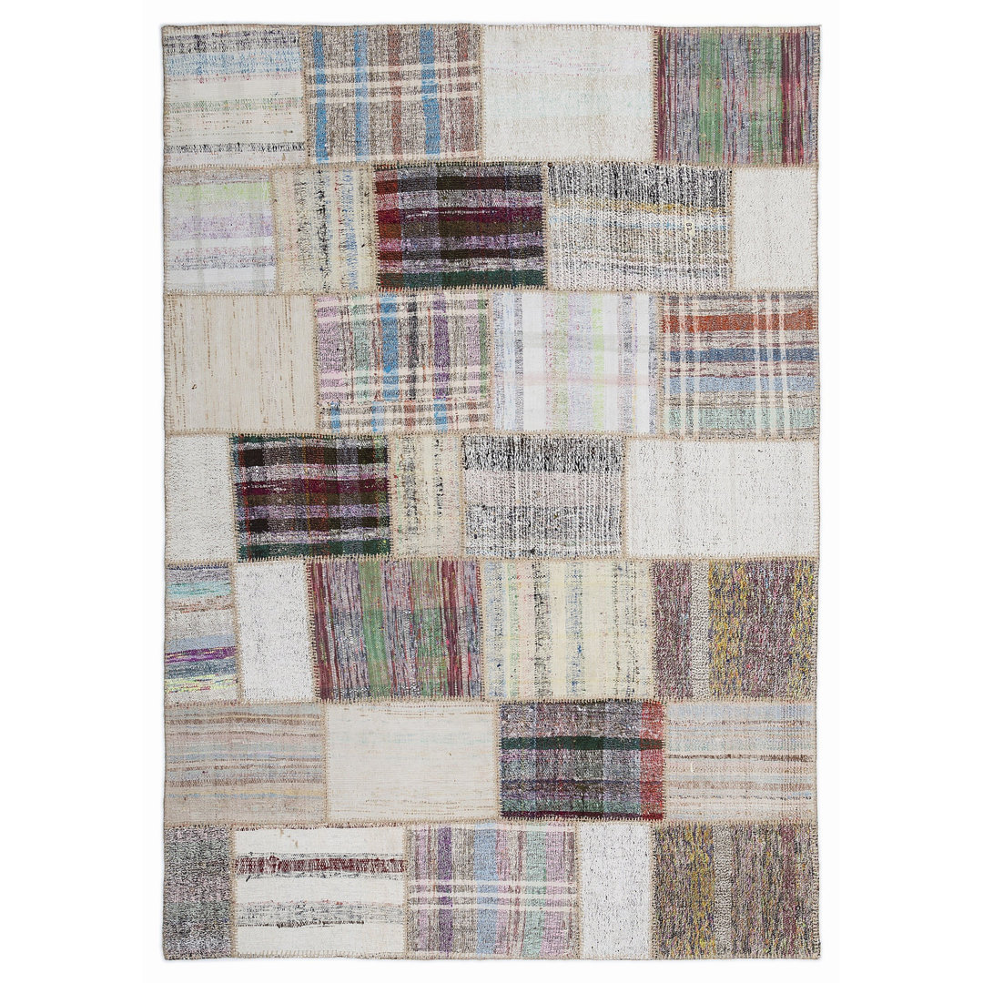 Teselya Beige Striped Wool Handmade Area Rug
