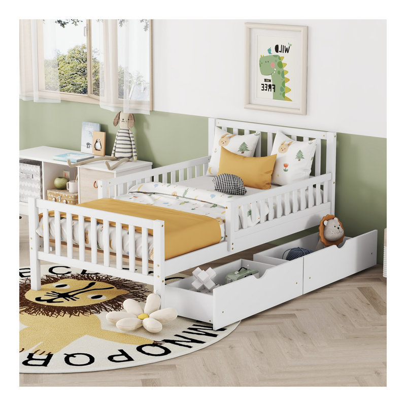 Lit plateforme simple en bois avec garde-corps des deux côtés et deux tiroirs de rangement, blanc, Lit simple, Blanc
