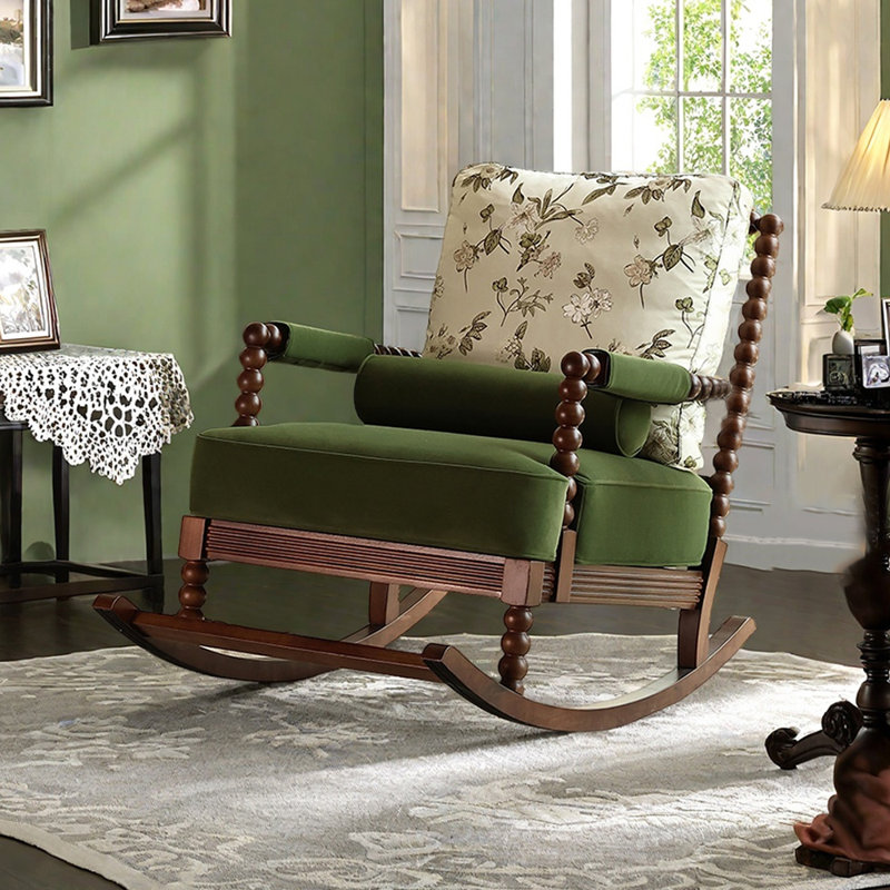 Chaise berçante en bois massif, Brun, Vert / Beige
