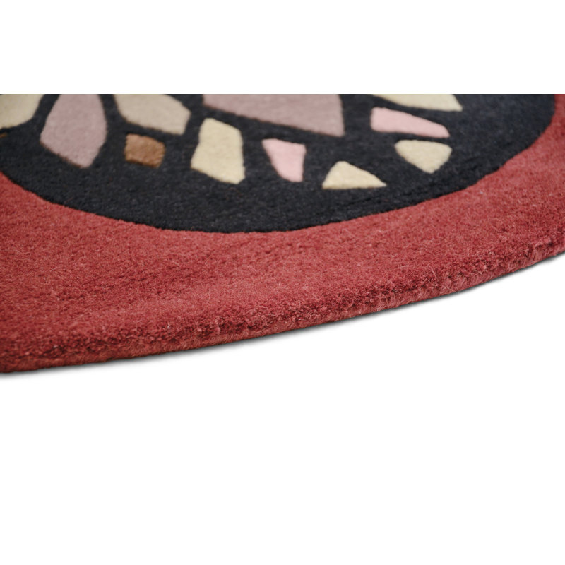 Hand Tufted Abstract Area Rug in Red/Black/Green/Beige, Round 6'7"