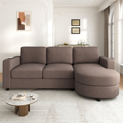 Modern Sectional Sofa 84.6" L-Shaped Sofa Couch With A Curved Chaise Lounge, USB Ports And Side Storage Pockets For Living Room, Brown
