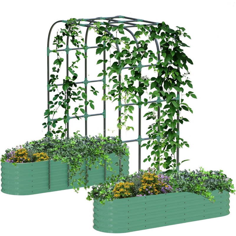 Raised Garden Bed Kit with 95" Tall Arch Trellis, Metal Planter Box for Climbing Vegetables, Green