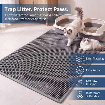 Tapis de litière imperméable double nid d'abeille pour chat, coussin de litière en silicone extra large 47,2 po x 27,5 po, fond antidérapant, contrôle de la litière, disponible en gris ou noir pour les chats d'intérieur