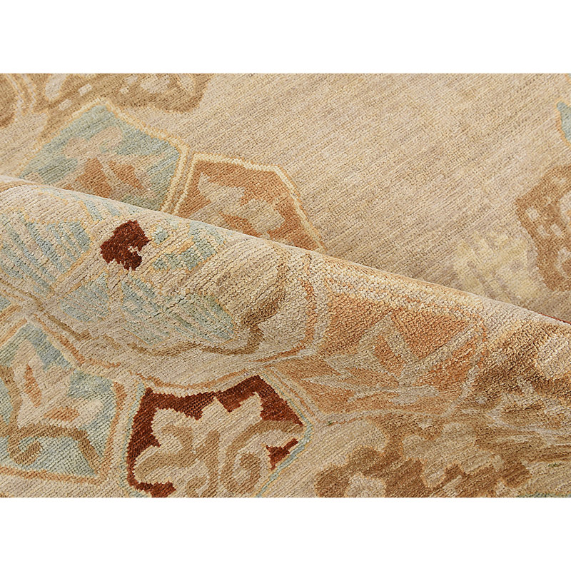 Tapis rectangulaire en laine noué à la main à motif floral sable, Rectangle 9 pi x 12 pi
