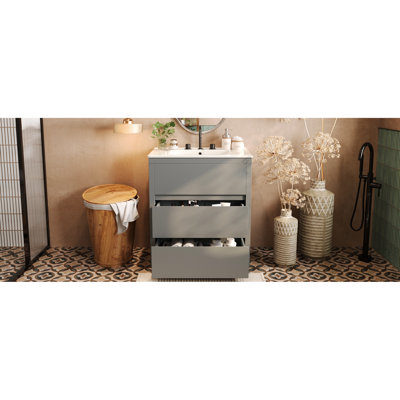 Meuble-lavabo de 30 po de couleur grise avec lavabo en céramique de haute qualité, 2 tiroirs, 45 poignées, glissières de tiroir à fermeture en douceur, meuble-lavabo de style américain de luxe, rebord biseauté pleine extension,