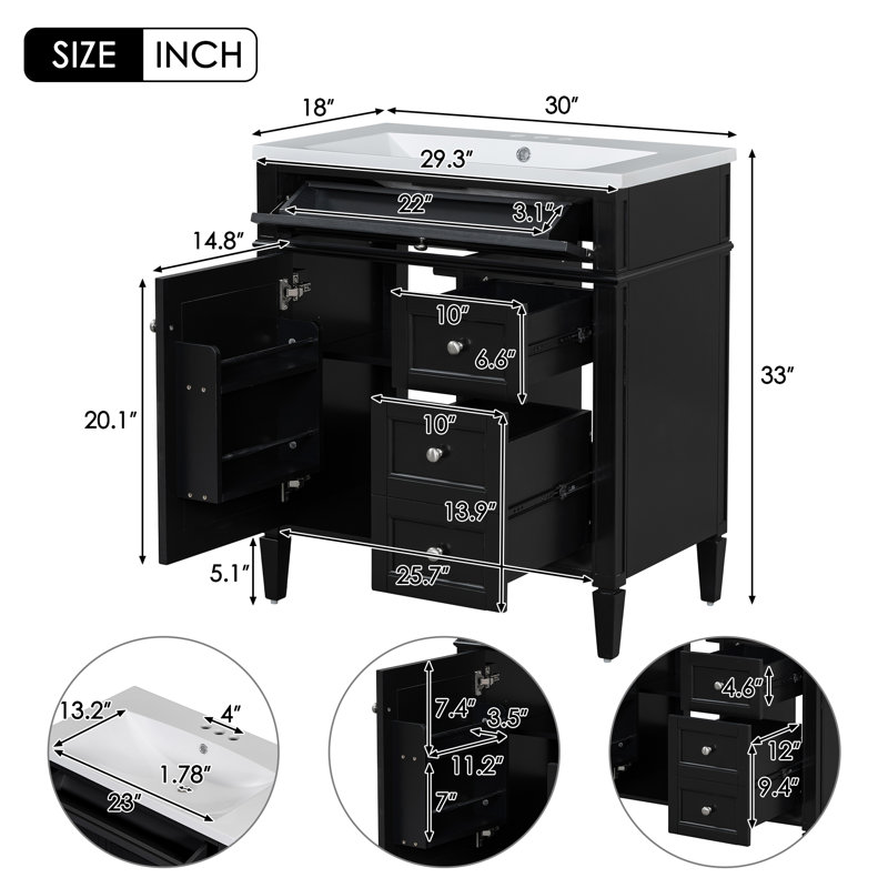 Pollark 30'' Single Bathroom Vanity with Top, Silver, Black
