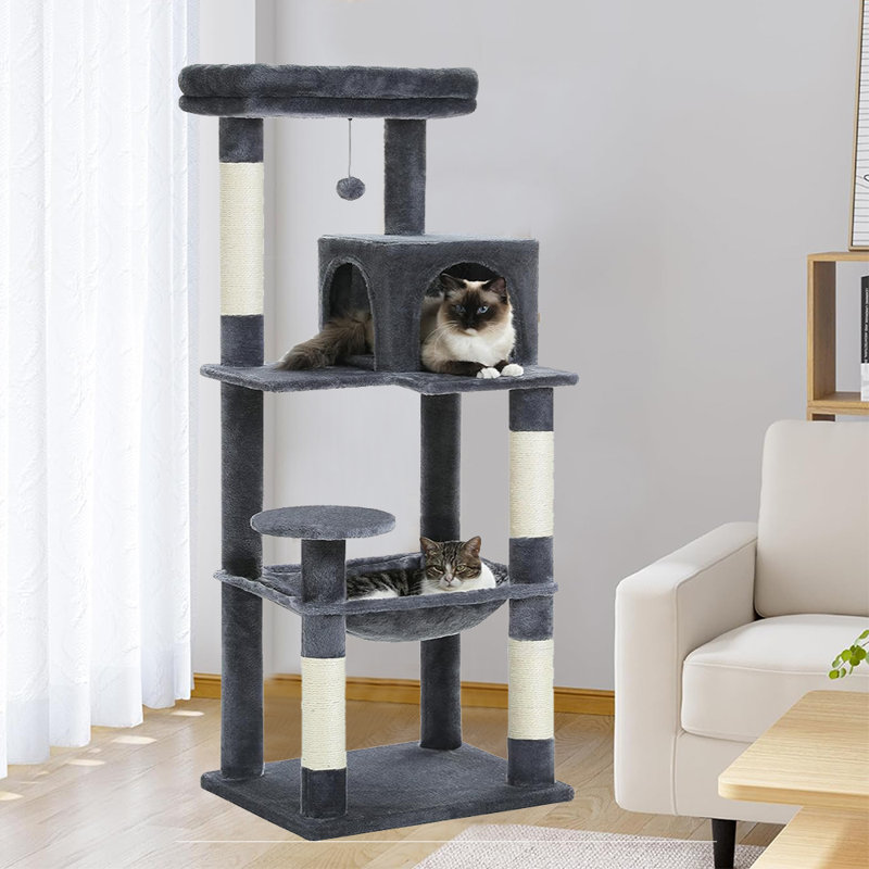 Grand arbre à chat Evleyn pour chat d'intérieur, tour pour chat multi-niveaux avec hamac très grand, Gris foncé