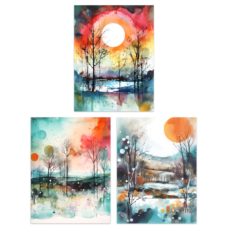 Winter Countryside Landscape Sun Moon - 3 Piece No Frame Print Set, 40.5cm H x 30.5cm W x 0.3cm D