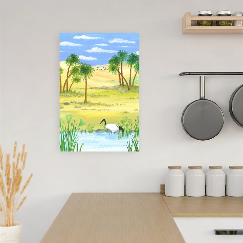 Banks Of The Nile With Ibis Tranquil Abstract Contemporary Palm Tree Bird Architecture Landscape Wall Art Print by Isabelle Brent - Wrapped Canvas Print