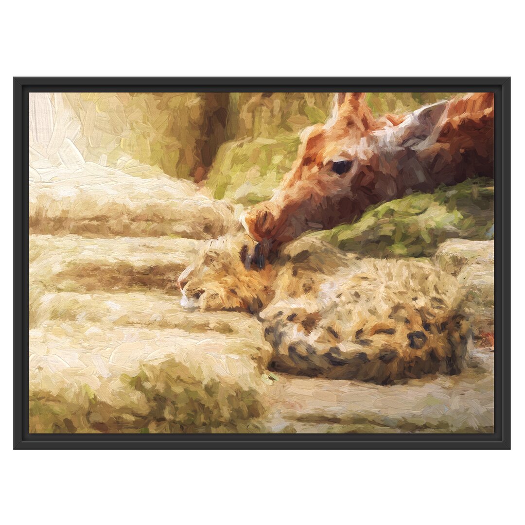 Gerahmtes Wandbild Leopard und Giraffe