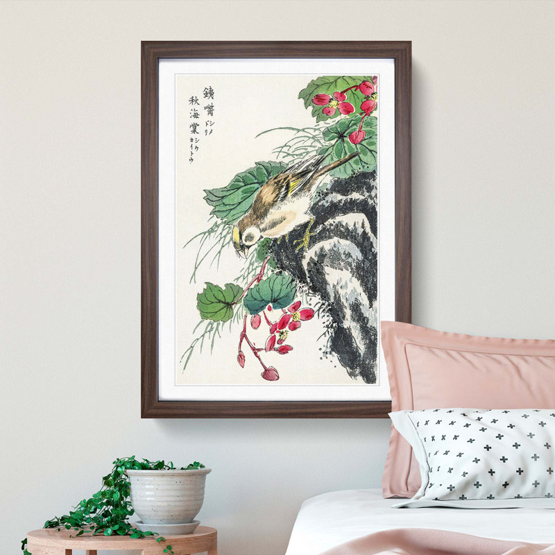 Japanese Hawfinch by Numata Kashu - Picture Frame Painting Print, Walnut Framed, 87cm H x 62cm W x 2cm D