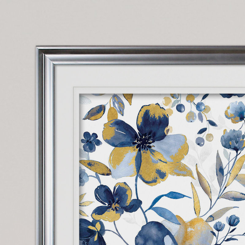 " Golden Indigo Garden ", Framed Print, 24" H x 32" W, Silver
