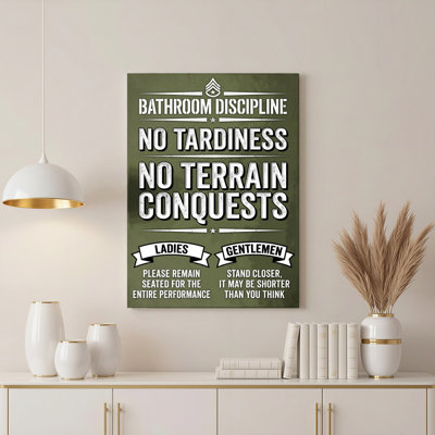 Bathroom Discipline Military Style Canvas Wrapped Wall Art Oil Painting Print With Humor And Motivational Quotes For Restroom Decor (Set Of 1)